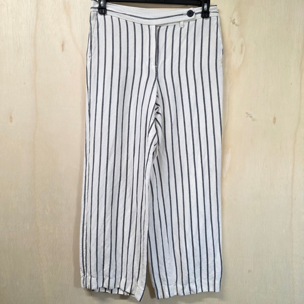 J. Jill Linen Blend Wide Leg Striped Pants Navy White Size 8